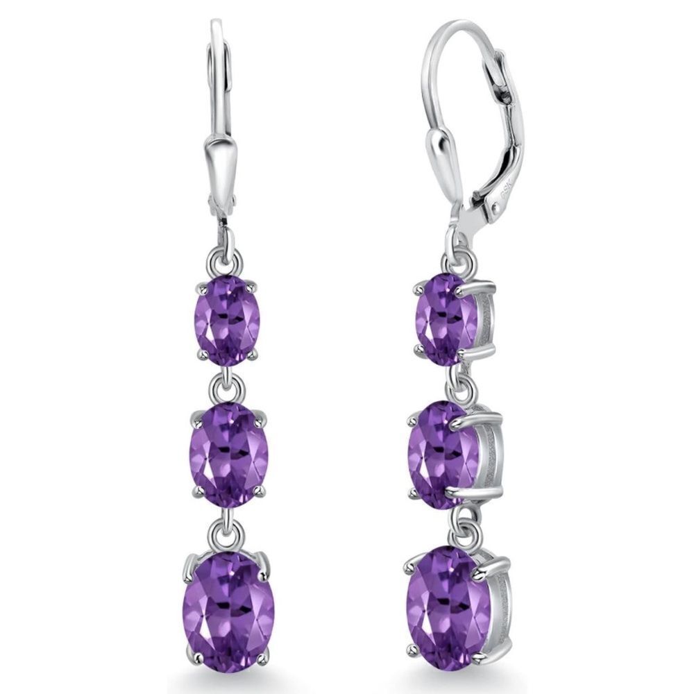 925 Sterling Silver with 4.70 Cttw 3 Stone Amethyst Leverback Post Earrings